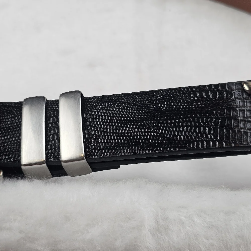 Johnston & Murphy NWT Lizard Grain Leather Belt Size 38‎ Black Silver Hardware